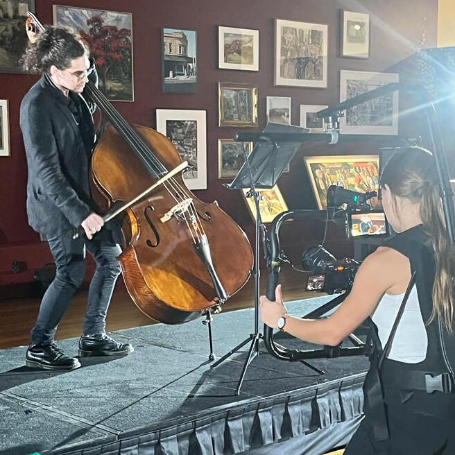 Untitled Elias Kokkoris performing with Camerata on stage at the Museum of Brisbane, being filmed for the "Making Place: 100 Views of Brisbane" exhibition.