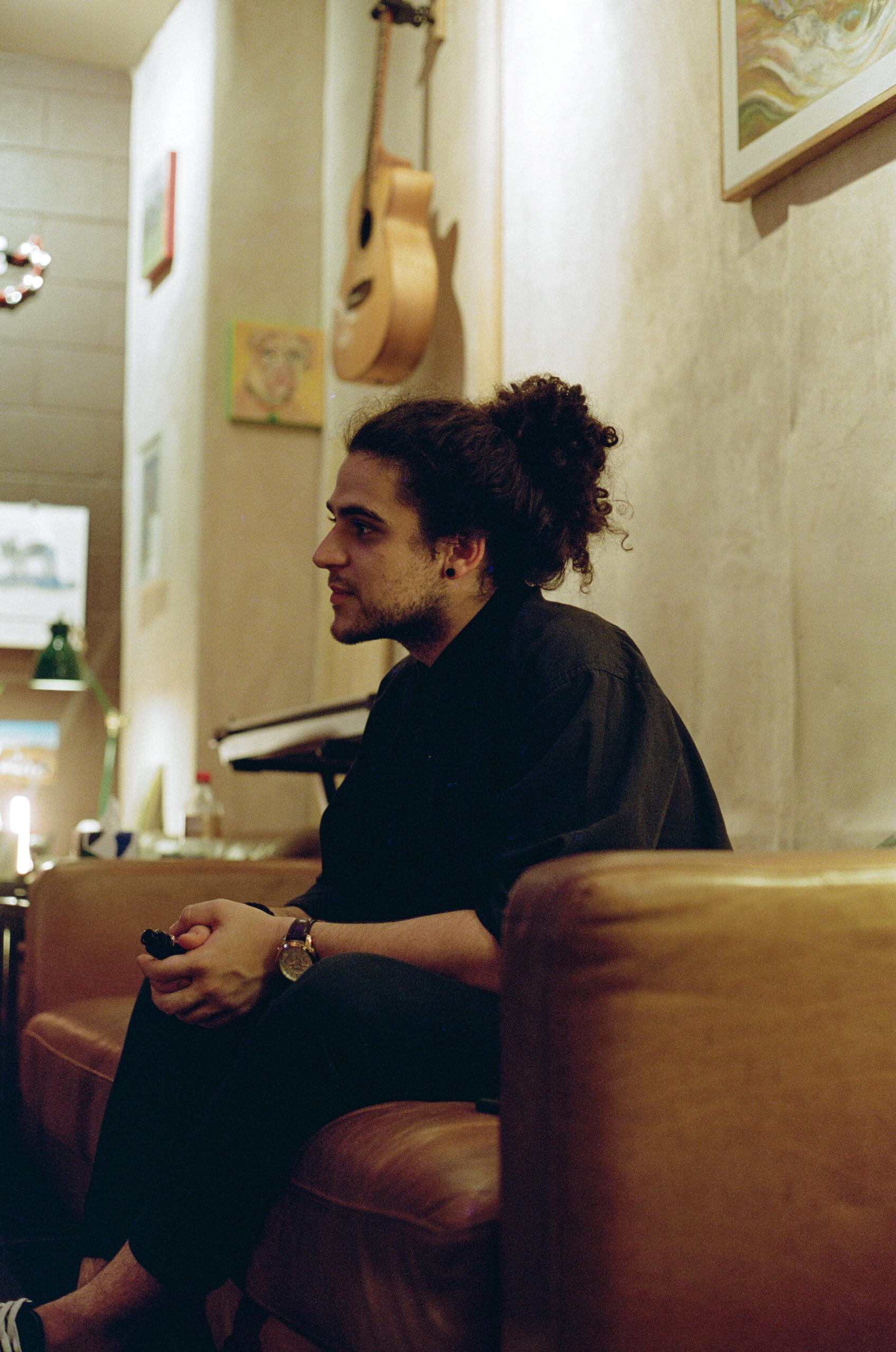Elias Kokkoris seated in the live room at Alchemix Studios, listening back to a recorded track with the Callum Pask Trio.
